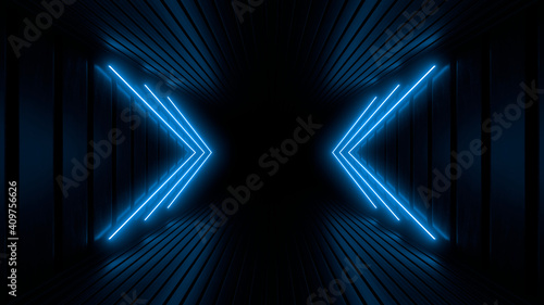 Fototapeta Naklejka Na Ścianę i Meble -  Sci Fy neon lamps in a dark tunnel. Reflections on the floor and walls. 3d rendering image.