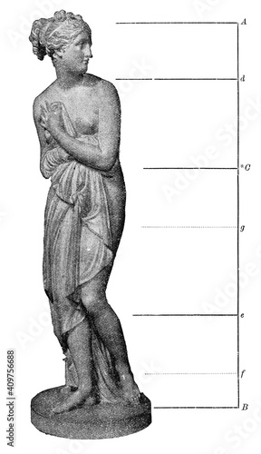 The Venus Italica is a marble sculpture by Italian sculptor Antonio Canova. Body proportion markers. Illustration of the 19th century. Germany. White background. photo