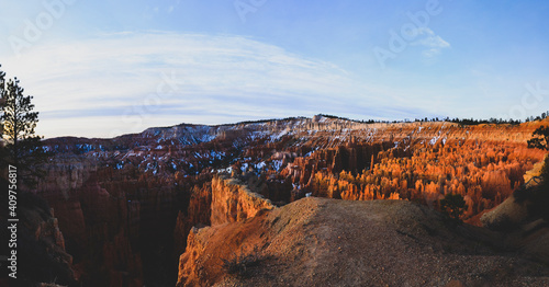 Bryce Canyon National Park during sunrise snow covered with overcast clouds