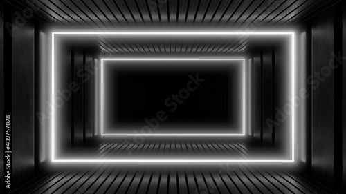 A dark corridor lit by white neon lights. Reflections on the floor and walls. 3d rendering image.