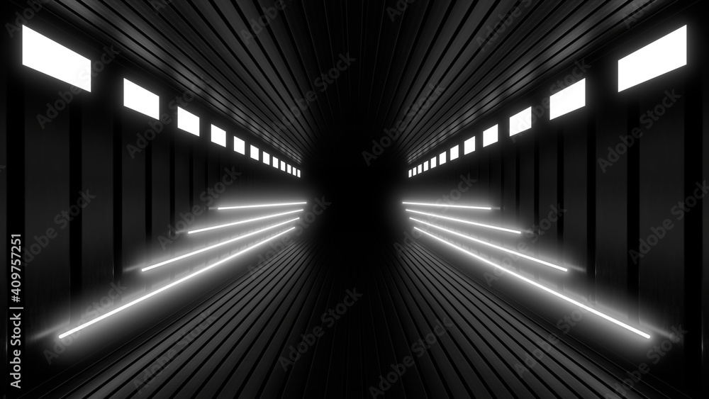 A dark corridor lit by white neon lights. Reflections on the floor and walls. 3d rendering image. A dark corridor lit by white neon lights. Reflections on the floor and walls. 3d rendering image.