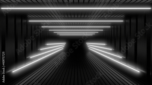 Fototapeta Naklejka Na Ścianę i Meble -  A dark corridor lit by white neon lights. Reflections on the floor and walls. 3d rendering image.