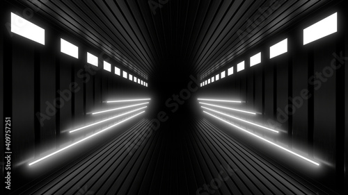 A dark corridor lit by white neon lights. Reflections on the floor and walls. 3d rendering image. © Andrey Shtepa
