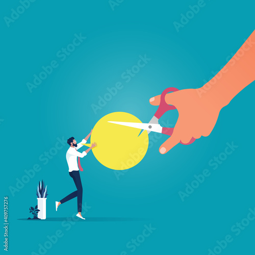 Business communication failed concept-Unsuccessful messaging, Big hand with scissors cut speech bubble message metaphor of failed communication