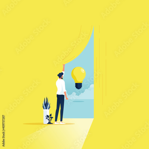 Business creativity and finding solution vector concept, Business creativity and finding solution vector concept with businessman opening Curtain  trying to get some new ideas, innovations