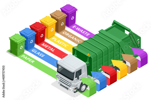 Isometric Garbage containers of different types. Sorting paper, plastic, metal, bio, e-waste and glass. Segregation, recycling, environmental protection.