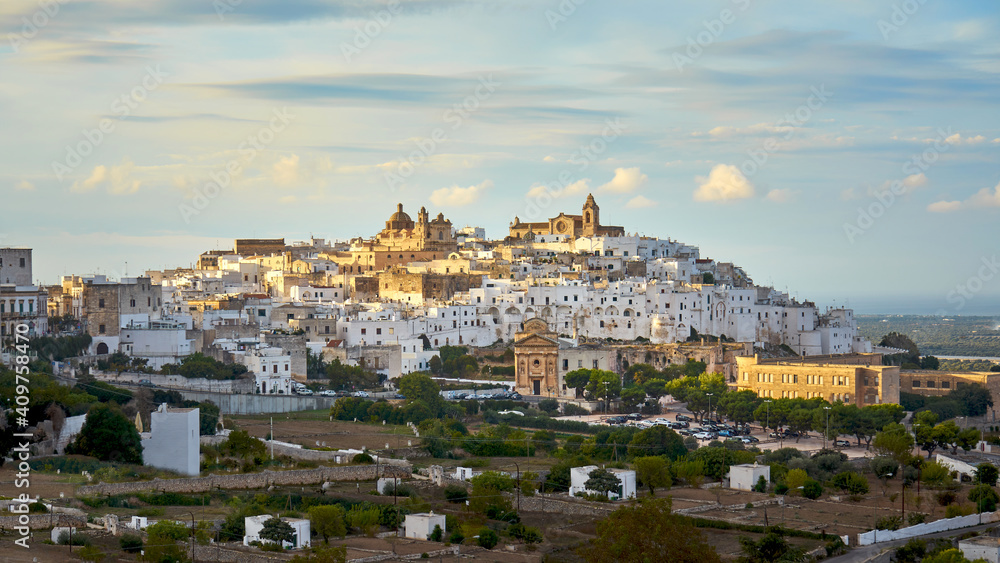 Panoramic View Of The White City Ostuni during the Autumn Season, Province of Brindisi, Apulia, Italy.