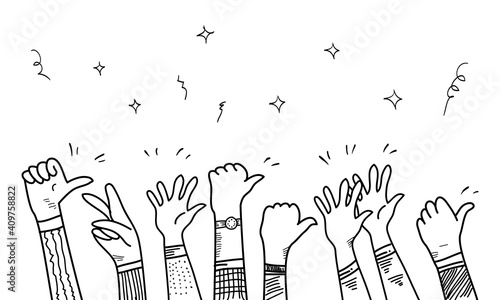 hand drawn of hands clapping ovation. applause, thumbs up gesture on doodle hands up. vector illustration