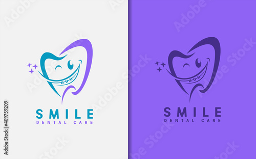 Smile Dental Care Logo Design. Cute Tooth Character with Happy Smile Concept. Medical Care Logo Template.