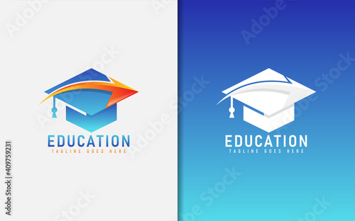 Education Logo With Graduation Toga Hat and Direct Arrow Inside The Logo.