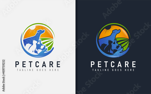 Pet Care Logo Design with Various Pet Silhouette Inside and Holding Hand Combination.