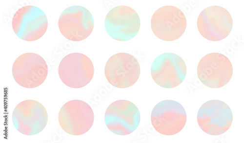 Set of tender pastel orange, coral and teal round shapes hologram background. Holographic vibrant colors circles templates for software, ui design, web, apps wallpaper, banner
