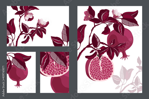 Vector floral cards, templates. Pomegranate tree with maroon fruits and leaves. Ripe pomegranates with grains and flowers isolated on a white background.