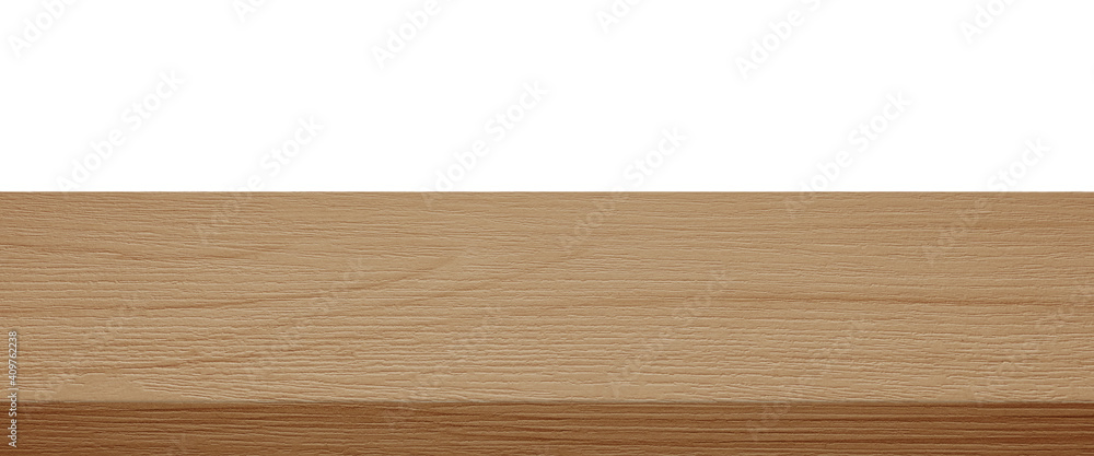 Empty wooden table top, desk isolated on white background, Wood table surface for product display background, White counter, shelf  for food display banner, backdrop
