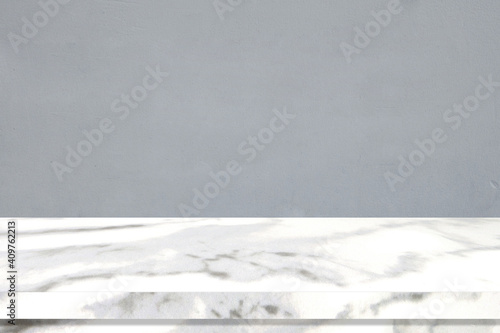 Perspective marble table surface background, Grey and white marble table top for kitchen product display background, Empty desk, shelf, counter and gray wall for food and store backdrop, template