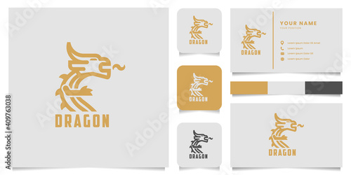 Simple and minimalist gold bold line dragon logo with icon, color palette, and business card