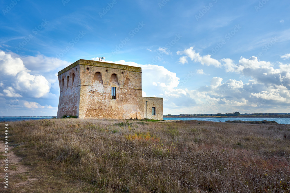 XVI Century Antique Defensive Tower Torre Guaceto At In The Middle Of A Natural Reserve Along The Coast Of Apulia Italy