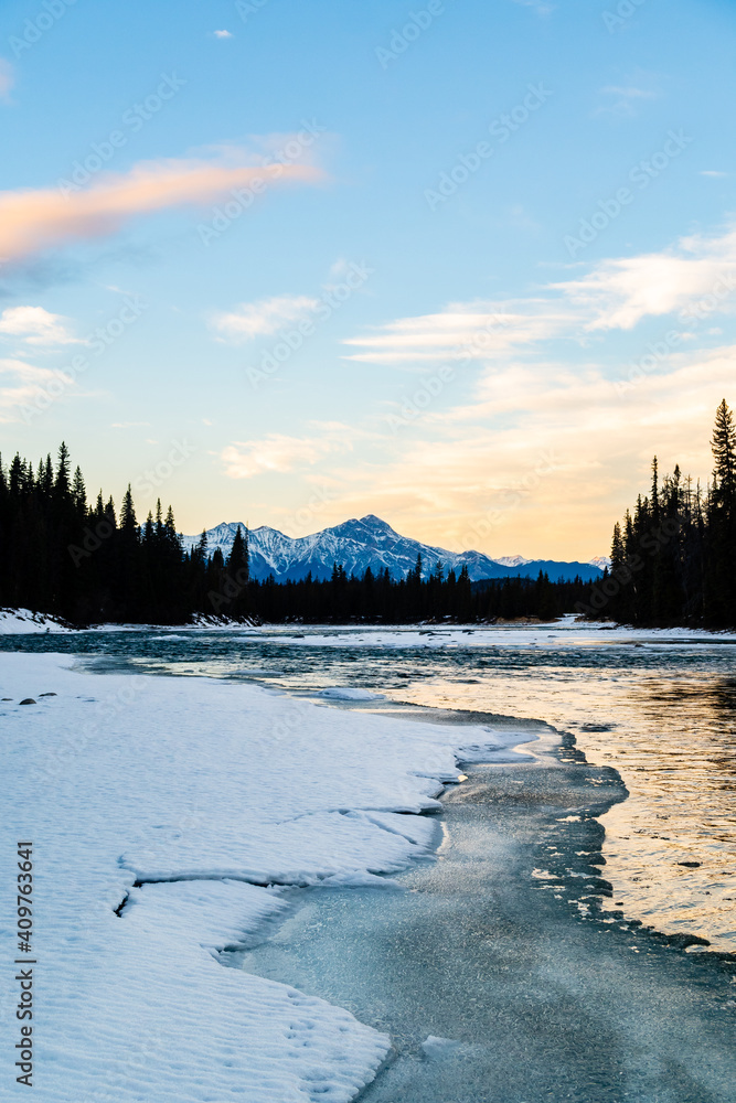 Beautiful winter view of the Athabasca river, in Jasper national park, Canada