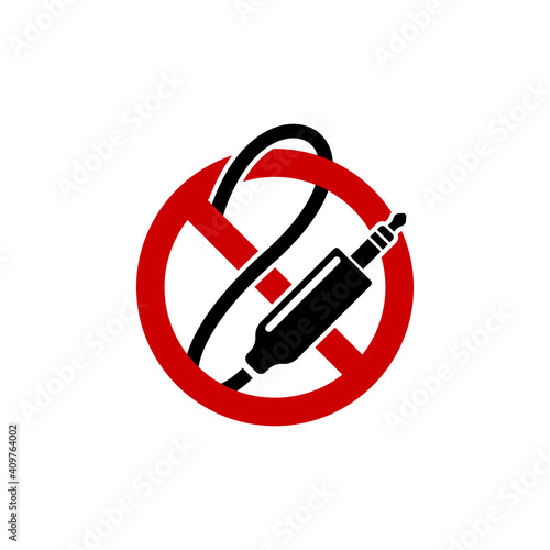 Audio jack 3.5 mm in ban sign. Vector icon illustration.