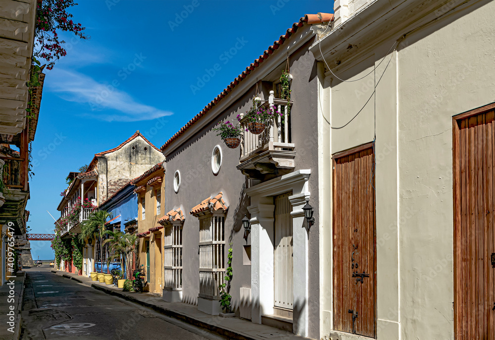  Street in the Historic Center of Cartagena with its typical colonial houses.