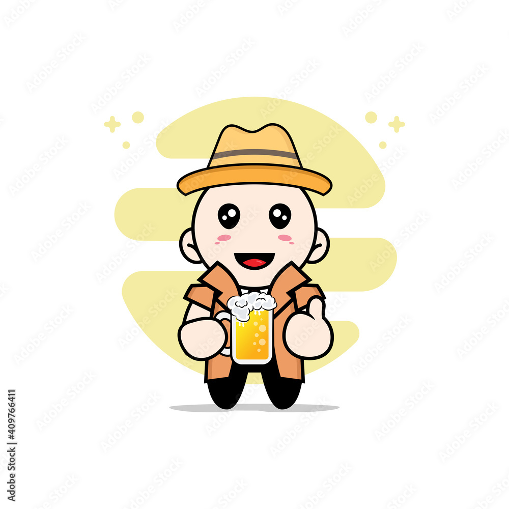 Cute detective character holding a glass of beer. Cute detective character holding a glass of beer.