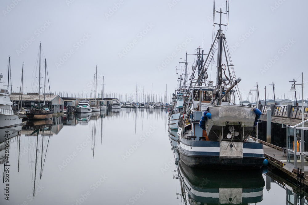 Everett, WA. USA - 01-29-2021: Port Gardner Marina on a Foggy Winter Morning
