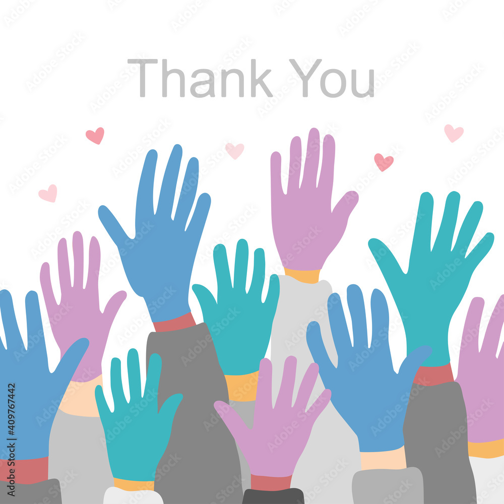 Obraz premium thank you doctor poster.graphic poster with text information and elements. thank you doctor poster or banner for social media.raised hands in gloves poster. illustration concepts epidemic covid-19