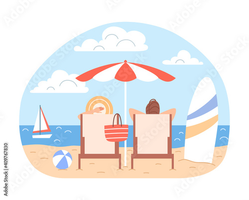 Sunbathing couple man, woman with beach umbrella, deck chairs relax at blue ocean seaside landscape. Summer family holidays. Cartoon vacation season sea leisure concept Flat travel vector illustration