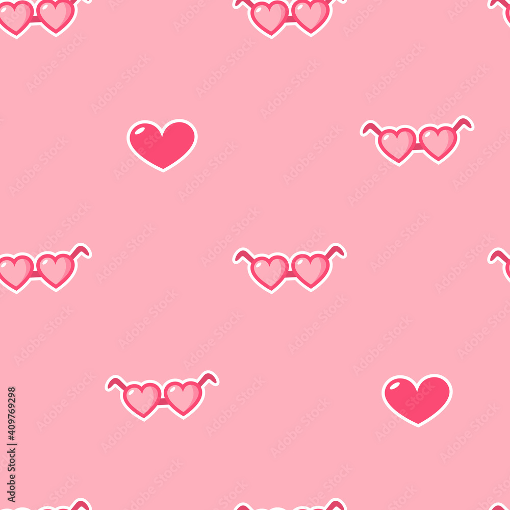 Happy valentines day greeting seamless pattern with heart - shaped glasses on pink background. Vector illustration.