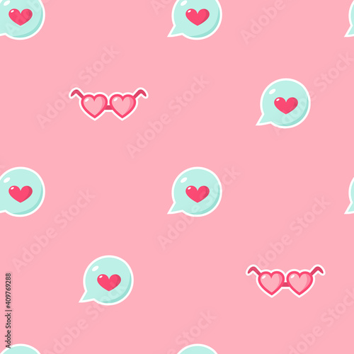 Happy valentines day greeting seamless pattern with heart - shaped glasses and talking bubble on pink background. Vector illustration.