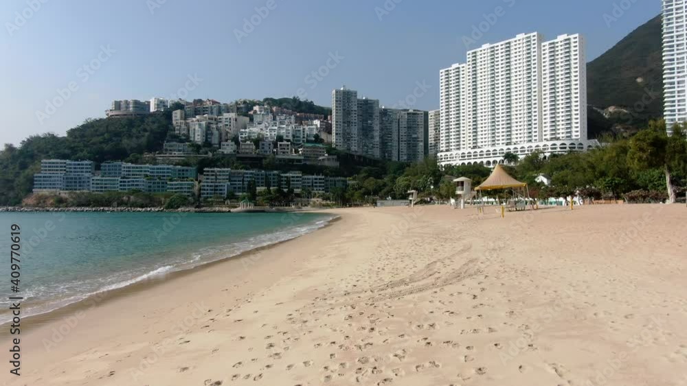 Empty public beach in Hong Kong due to Covid19 lockdown guidelines, Aerial view. Empty public beach in Hong Kong due to Covid19 lockdown guidelines, Aerial view.