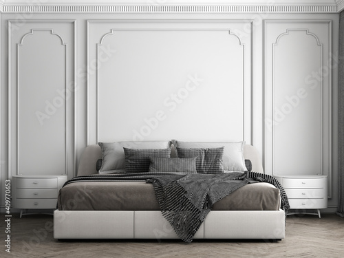Cozy modern mock up design of bedroom interior have white side table, modern bed with white pattern wall background