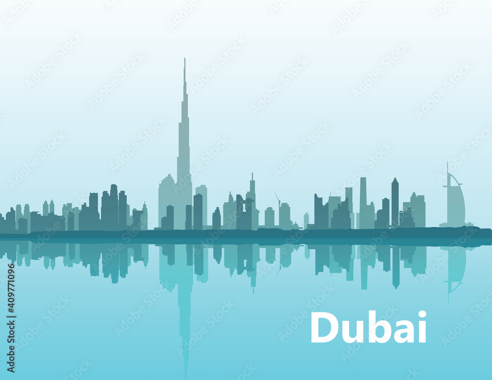 Dubai. Panoramic view of the cityline on the horizon illustration of the city of Dubai, UAE