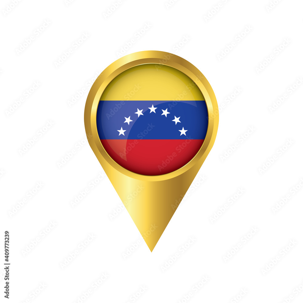 Flag of Venezuela.symbol check in Venezuela, golden map pointer with the national flag of Venezuela in the button. vector illustration. Flag of Venezuela.symbol check in Venezuela, golden map pointer with the national flag of Venezuela in the button. vector illustration.
