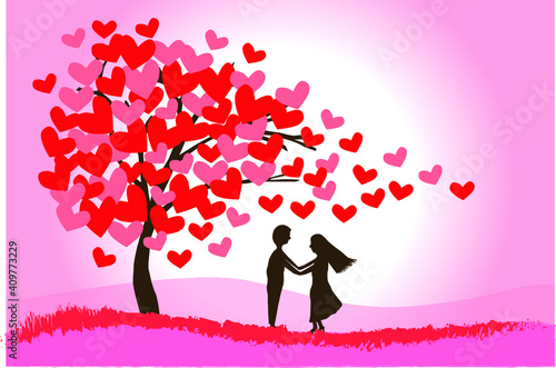 Valentine's Day background with a  couple hold hands silhouette, heart shaped tree Vector.
