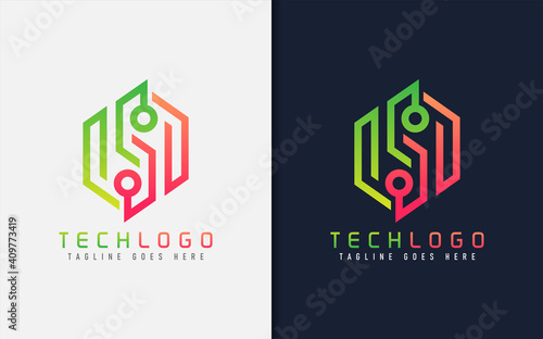 Abstract Technology Logo Design. Modern Colorful Futuristic Line Symbol Design, Usable For Business, Community, Industrial, Tech, Services Company. Flat Vector Logo Design Illustration.