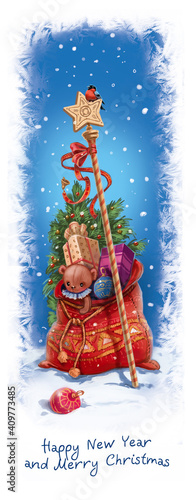 Greeting Christmas card, a bag with gifts