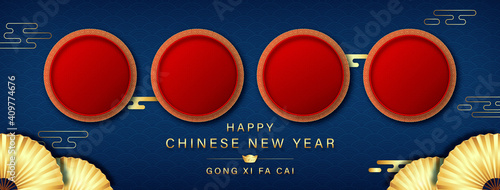 Happy Chinese new year and Gong Xi Fa Cai banner blue background with empty red circles for your texts or pictures on oriental wave pattern