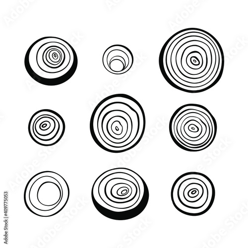 Onion rings isolated on white. Top view. Hand drawn sketch of onion slices. Vector illustration.