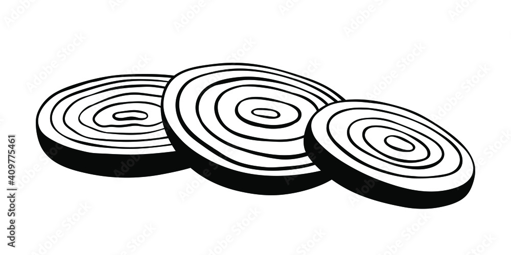 Round onion slices isolated on white. Side view. Sketch illustration of onion rings. Round onion slices isolated on white. Side view. Sketch illustration of onion rings.