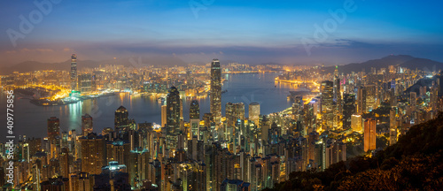 Victoria Harbor view from the Peak at Dawn  Hong Kong  