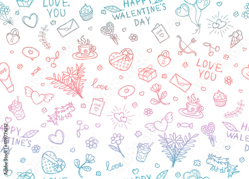 Seamless vector pattern for Valentine's Day, color sketch with lines on white. For packaging paper, printing, wallpaper, or fabric.