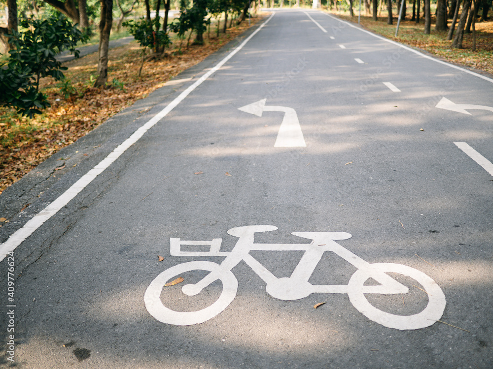 Obraz premium cycling path in the park. bicycle traffic sign painted on the floor