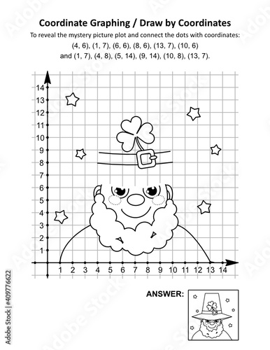 Coordinate graphing, or draw by coordinates, math worksheet with St Patrick's Day mystery picture of leprechaun's top hat: To reveal the mystery picture plot and join the dots with given coordinates 