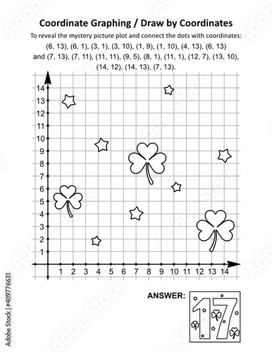 Coordinate graphing, or draw by coordinates, math worksheet with St Patrick's Day mystery picture of number 17 for March seventeenth. Answer included.
