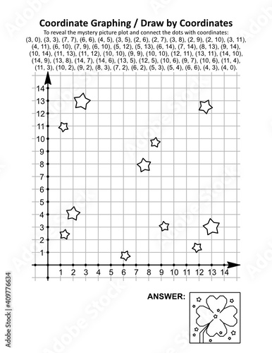 Coordinate graphing, or draw by coordinates, math worksheet with St Patrick's Day mystery picture of quatrefoil shamrock leaf. Answer included.
