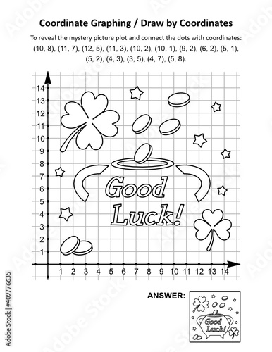 Coordinate graphing, or draw by coordinates, math worksheet with St Patrick's Day mystery picture of pot-of-gold. Answer included.
