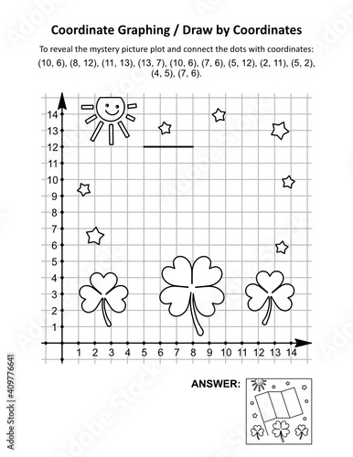 Coordinate graphing, or draw by coordinates, math worksheet with St Patrick's Day mystery picture of Ireland's flag. Answer included.
