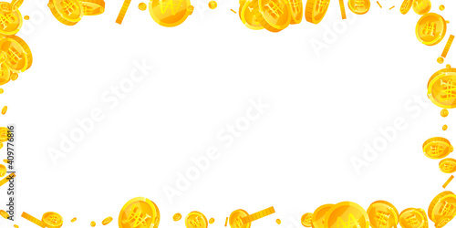 Korean won coins falling. Dramatic scattered WON coins. Korea money. Modern jackpot, wealth or success concept. Vector illustration.