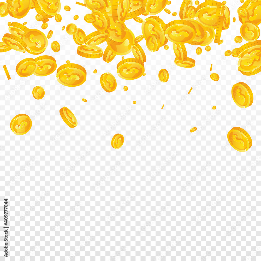 American dollar coins falling. Astonishing scattered USD coins. USA money. Bizarre jackpot, wealth or success concept. Vector illustration. American dollar coins falling. Astonishing scattered USD coins. USA money. Bizarre jackpot, wealth or success concept. Vector illustration.